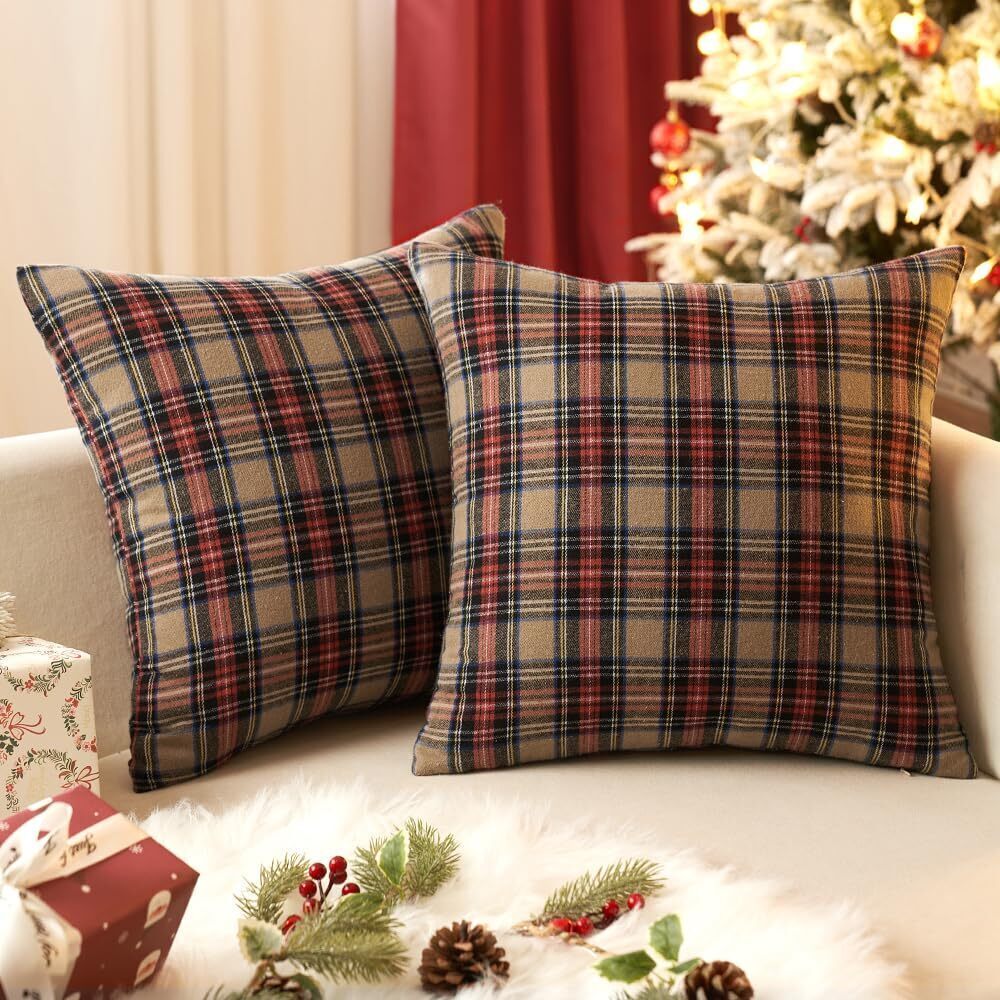 2614 Christmas Khaki Tartan Plaid Throw Pillow Covers 20x20 Inch Decorative